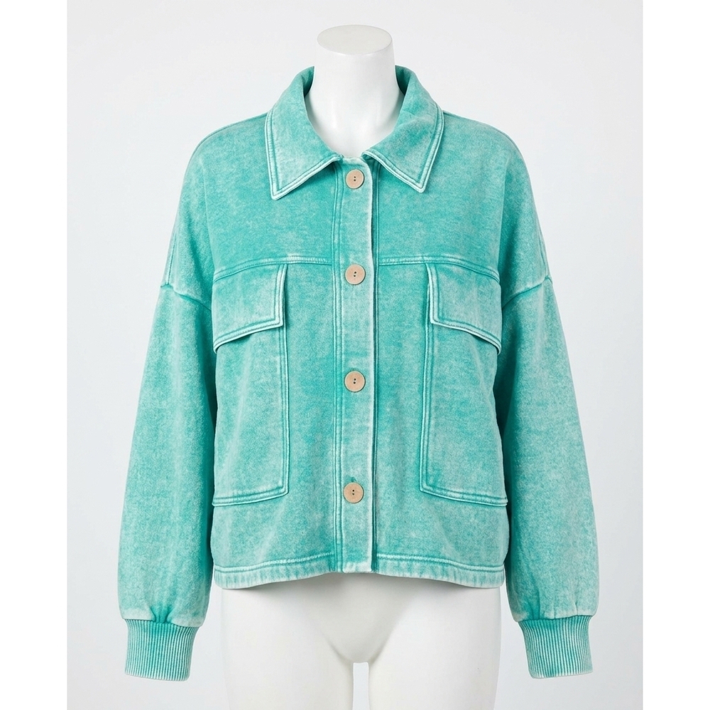 NEW ZENANA acid wash fleece cropped shacket with front pockets in turquoise